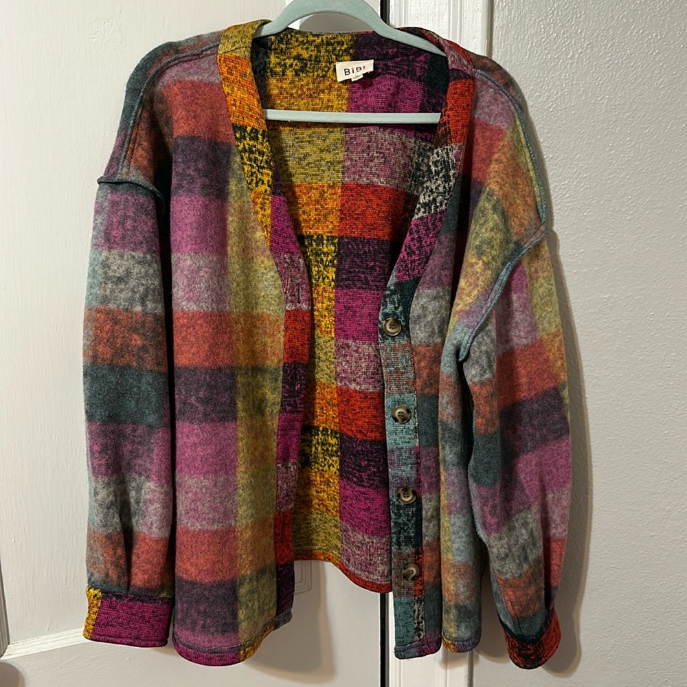 BiBi Multicolor Plaid Button-Up Wool Blend Sweater Jacket